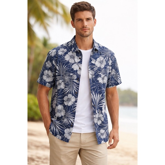 Aeropostale Other - Aeropostale Mens Navy White Floral Tropical Short Sleeve Button Down Shirt Large